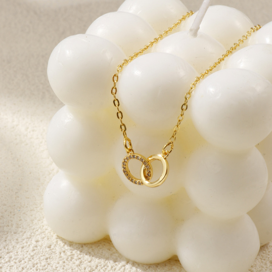 Image de Collier à Breloques Double Cercle Plaqué Or Véritable en Laiton Pour Femmes, Chaîne Maille Forçat 46cm + 5cm, à Zircone Cubique Clair Micro Pave, Exquis À la Mode Cadeau, Respectueux de la Nature, 1 Pièce