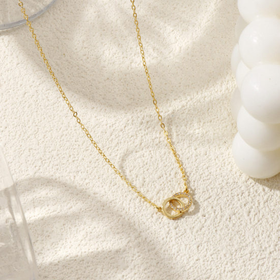 Image de Collier à Breloques Double Cercle Plaqué Or Véritable en Laiton Pour Femmes, Chaîne Maille Forçat 46cm + 5cm, à Zircone Cubique Clair Micro Pave, Exquis À la Mode Cadeau, Respectueux de la Nature, 1 Pièce