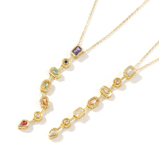 Image de Collier à Breloques Plaqué Or Véritable 18K en Laiton & Zirconia Cubique Pour Femmes, Chaîne Maille Forçat Exquis À la Mode Cadeau, Respectueux de la Nature, 1 Pièce