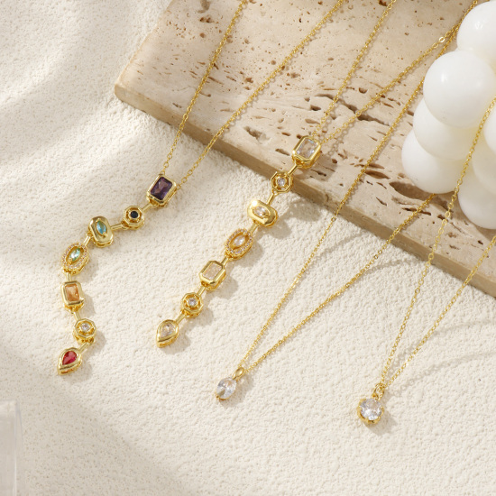 Image de Collier à Breloques Plaqué Or Véritable 18K en Laiton & Zirconia Cubique Pour Femmes, Chaîne Maille Forçat Exquis À la Mode Cadeau, Respectueux de la Nature, 1 Pièce