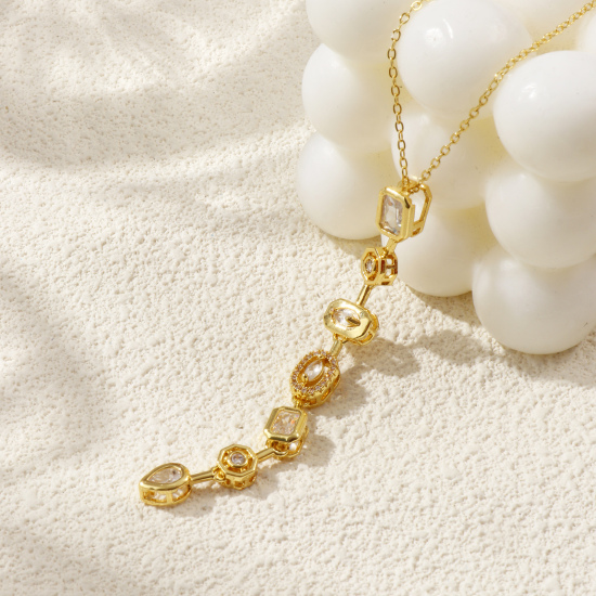 Image de Collier à Breloques Plaqué Or Véritable 18K en Laiton & Zirconia Cubique Pour Femmes, Chaîne Maille Forçat Exquis À la Mode Cadeau, Respectueux de la Nature, 1 Pièce