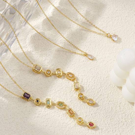 Image de Collier à Breloques Plaqué Or Véritable 18K en Laiton & Zirconia Cubique Pour Femmes, Chaîne Maille Forçat Exquis À la Mode Cadeau, Respectueux de la Nature, 1 Pièce