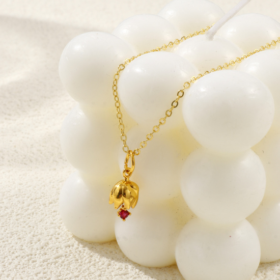 Image de Collier à Breloques Fleur Plaqué Or Véritable 18K en Laiton & Zirconia Cubique Pour Femmes, Chaîne Maille Forçat 46cm + 6cm, Élégant Pierres de Naissance Cadeau, Respectueux de la Nature, 1 Pièce