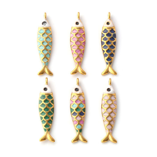 Picture of Eco-friendly PVD Vacuum Plating 304 Stainless Steel Ocean Jewelry Charms 18K Gold Plated Enamel Fish Animal Pearlized 26mm x 6mm
