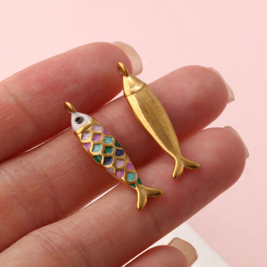Picture of Eco-friendly PVD Vacuum Plating 304 Stainless Steel Ocean Jewelry Charms 18K Gold Plated Enamel Fish Animal Pearlized 26mm x 6mm