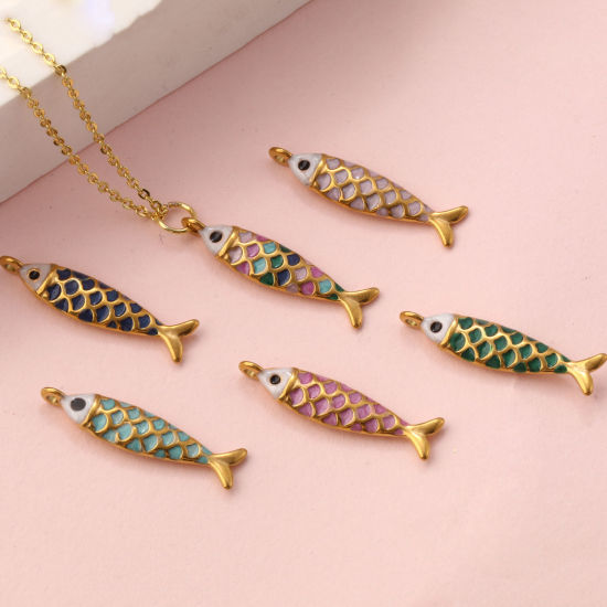 Picture of Eco-friendly PVD Vacuum Plating 304 Stainless Steel Ocean Jewelry Charms 18K Gold Plated Enamel Fish Animal Pearlized 26mm x 6mm