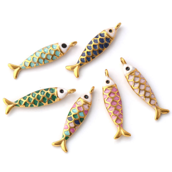 Picture of Eco-friendly PVD Vacuum Plating 304 Stainless Steel Ocean Jewelry Charms 18K Gold Plated Enamel Fish Animal Pearlized 26mm x 6mm