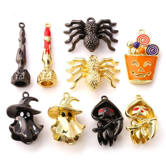 Picture of Brass Halloween Pendants Multicolor Enamel Halloween Spider Animal Halloween Ghost