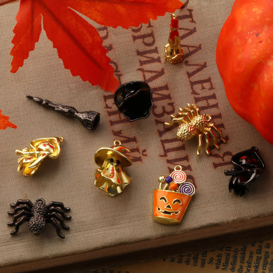 Picture of Brass Halloween Pendants Multicolor Enamel Halloween Spider Animal Halloween Ghost