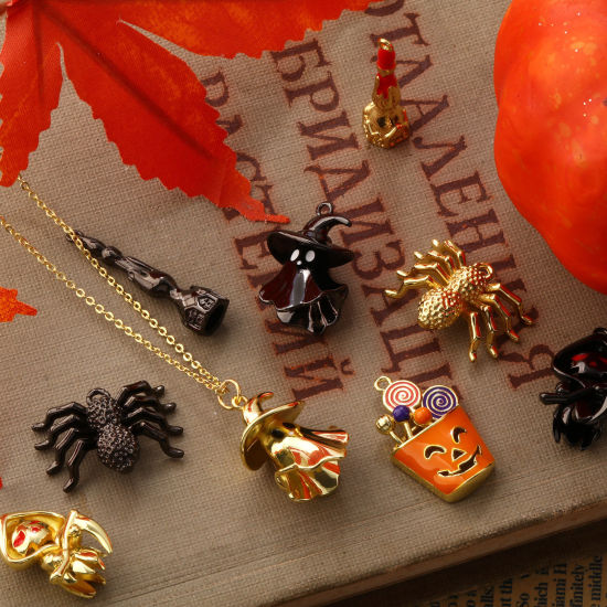 Picture of Brass Halloween Pendants Multicolor Enamel Halloween Spider Animal Halloween Ghost