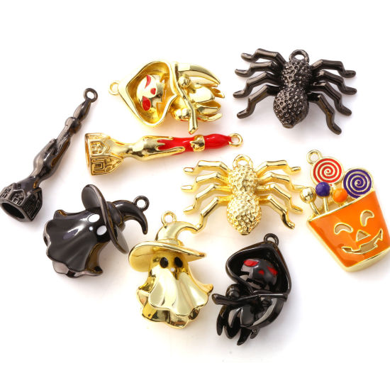 Picture of Brass Halloween Pendants Multicolor Enamel Halloween Spider Animal Halloween Ghost