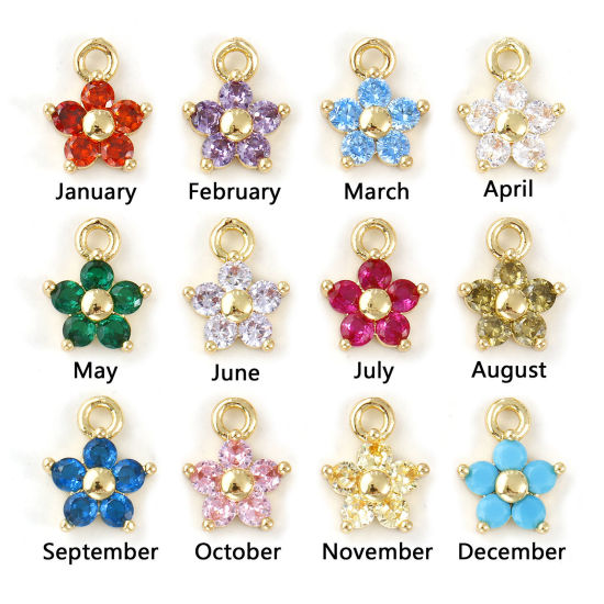 Picture of Brass & Cubic Zirconia Birthstone Charms Wholesale Real Gold Plated Flower Mini 10mm x 8mm