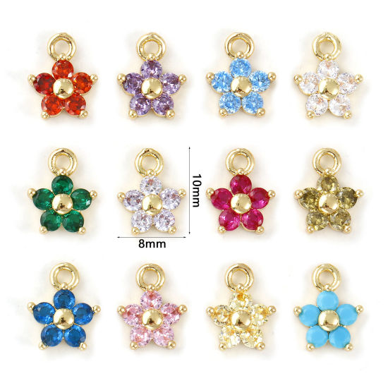 Picture of Brass & Cubic Zirconia Birthstone Charms Wholesale Real Gold Plated Flower Mini 10mm x 8mm