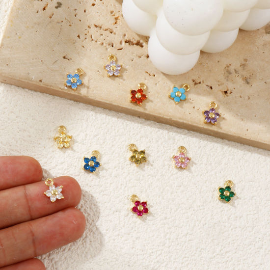 Picture of Brass & Cubic Zirconia Birthstone Charms Wholesale Real Gold Plated Flower Mini 10mm x 8mm