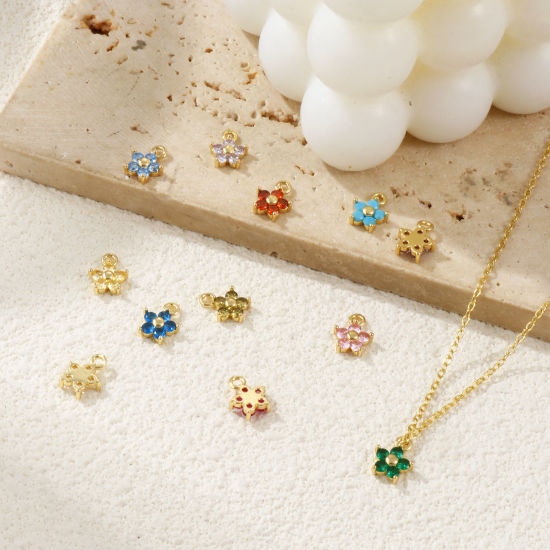 Picture of Brass & Cubic Zirconia Birthstone Charms Wholesale Real Gold Plated Flower Mini 10mm x 8mm