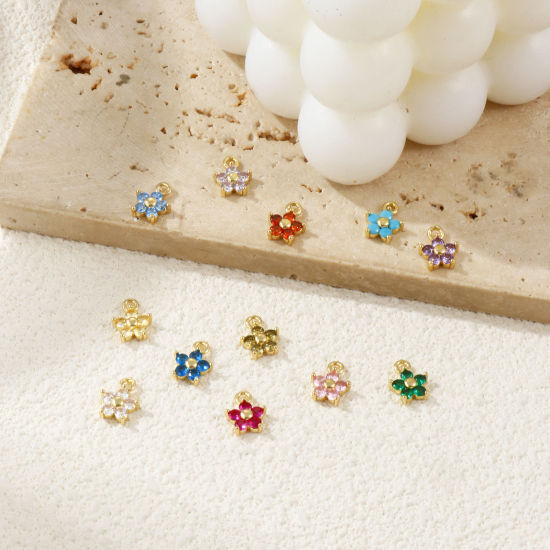 Picture of Brass & Cubic Zirconia Birthstone Charms Wholesale Real Gold Plated Flower Mini 10mm x 8mm