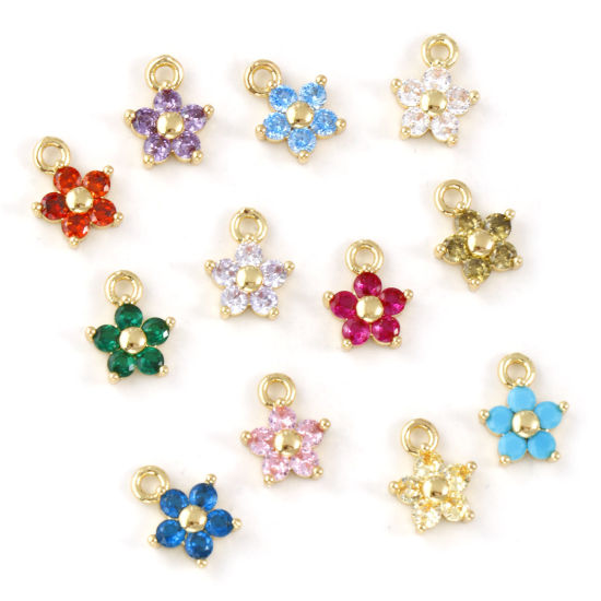 Picture of Brass & Cubic Zirconia Birthstone Charms Wholesale Real Gold Plated Flower Mini 10mm x 8mm