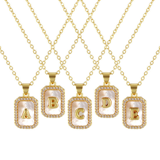 Image de 18K Real Gold Plated Link Cable Chain Octagon Pendant Charm Necklace, Natural Shell & Brass 46cm(18.1") + 6cm(2.4"), For Women, Clear Cubic Zirconia Message " A-Z " White Micro Pave, Retro Capital Alphabet Initial Letter Name Gift, Eco-friendly, 1 Piece