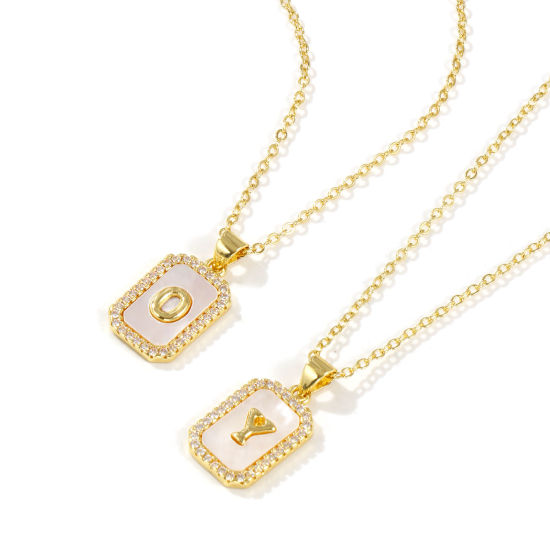 Image de 18K Real Gold Plated Link Cable Chain Octagon Pendant Charm Necklace, Natural Shell & Brass 46cm(18.1") + 6cm(2.4"), For Women, Clear Cubic Zirconia Message " A-Z " White Micro Pave, Retro Capital Alphabet Initial Letter Name Gift, Eco-friendly, 1 Piece