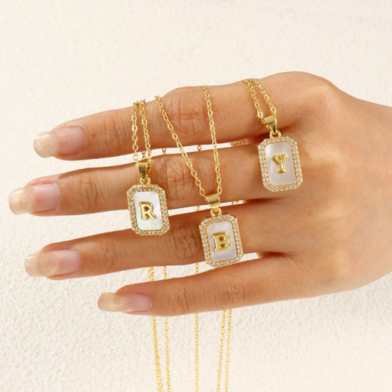 Image de 18K Real Gold Plated Link Cable Chain Octagon Pendant Charm Necklace, Natural Shell & Brass 46cm(18.1") + 6cm(2.4"), For Women, Clear Cubic Zirconia Message " A-Z " White Micro Pave, Retro Capital Alphabet Initial Letter Name Gift, Eco-friendly, 1 Piece