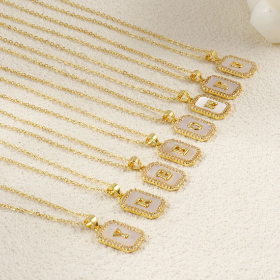 Image de 18K Real Gold Plated Link Cable Chain Octagon Pendant Charm Necklace, Natural Shell & Brass 46cm(18.1") + 6cm(2.4"), For Women, Clear Cubic Zirconia Message " A-Z " White Micro Pave, Retro Capital Alphabet Initial Letter Name Gift, Eco-friendly, 1 Piece