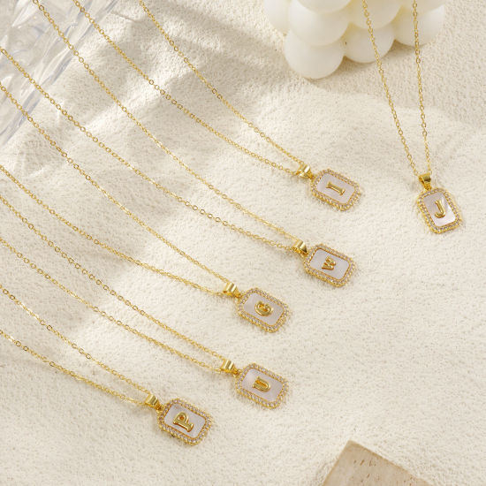 Image de 18K Real Gold Plated Link Cable Chain Octagon Pendant Charm Necklace, Natural Shell & Brass 46cm(18.1") + 6cm(2.4"), For Women, Clear Cubic Zirconia Message " A-Z " White Micro Pave, Retro Capital Alphabet Initial Letter Name Gift, Eco-friendly, 1 Piece