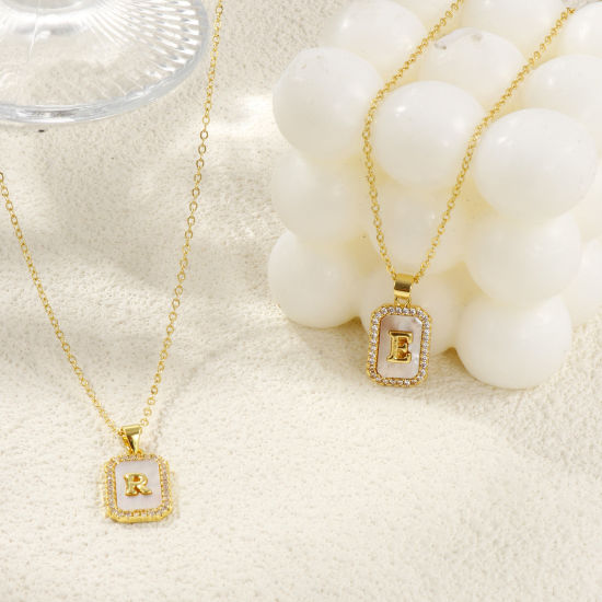 Image de 18K Real Gold Plated Link Cable Chain Octagon Pendant Charm Necklace, Natural Shell & Brass 46cm(18.1") + 6cm(2.4"), For Women, Clear Cubic Zirconia Message " A-Z " White Micro Pave, Retro Capital Alphabet Initial Letter Name Gift, Eco-friendly, 1 Piece
