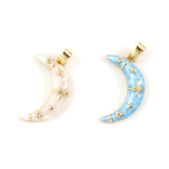 Picture of Eco-friendly Brass Galaxy Charm Pendant 18K Real Gold Plated Enamel Half Moon Star Pearlized Clear Cubic Zirconia 24mm x 12mm