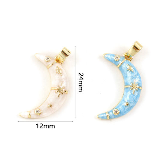Picture of Eco-friendly Brass Galaxy Charm Pendant 18K Real Gold Plated Enamel Half Moon Star Pearlized Clear Cubic Zirconia 24mm x 12mm