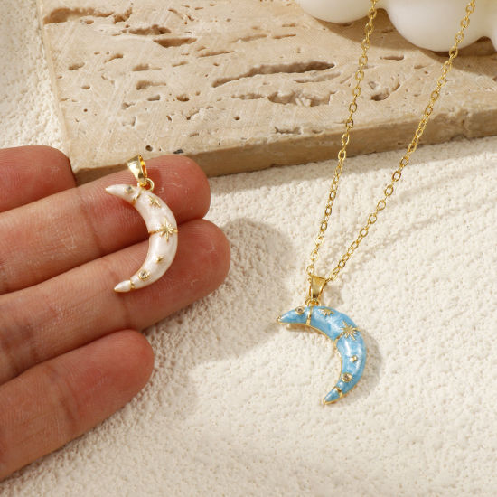 Picture of Eco-friendly Brass Galaxy Charm Pendant 18K Real Gold Plated Enamel Half Moon Star Pearlized Clear Cubic Zirconia 24mm x 12mm