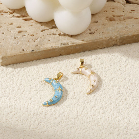 Picture of Eco-friendly Brass Galaxy Charm Pendant 18K Real Gold Plated Enamel Half Moon Star Pearlized Clear Cubic Zirconia 24mm x 12mm
