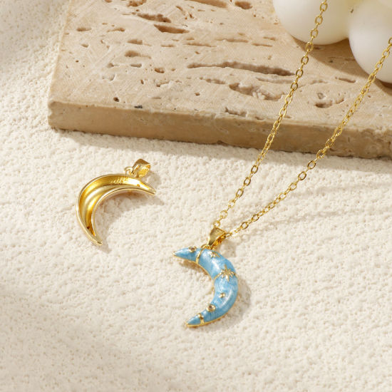 Picture of Eco-friendly Brass Galaxy Charm Pendant 18K Real Gold Plated Enamel Half Moon Star Pearlized Clear Cubic Zirconia 24mm x 12mm