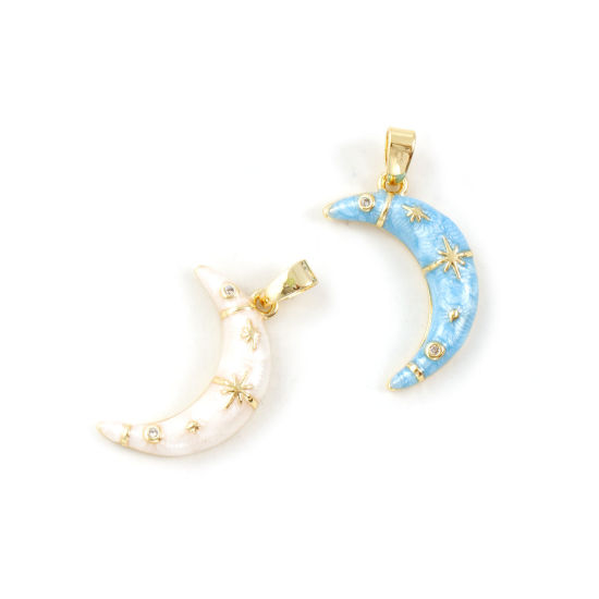 Picture of Eco-friendly Brass Galaxy Charm Pendant 18K Real Gold Plated Enamel Half Moon Star Pearlized Clear Cubic Zirconia 24mm x 12mm