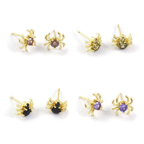 Stylish Exquisite 18K Gold Plated Brass & Cubic Zirconia Halloween Spider Animal Ear Post Stud Earrings For Women Gift の画像
