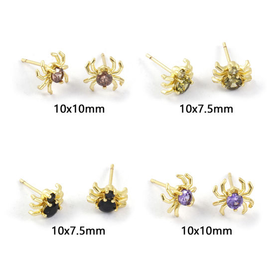 Stylish Exquisite 18K Gold Plated Brass & Cubic Zirconia Halloween Spider Animal Ear Post Stud Earrings For Women Gift の画像