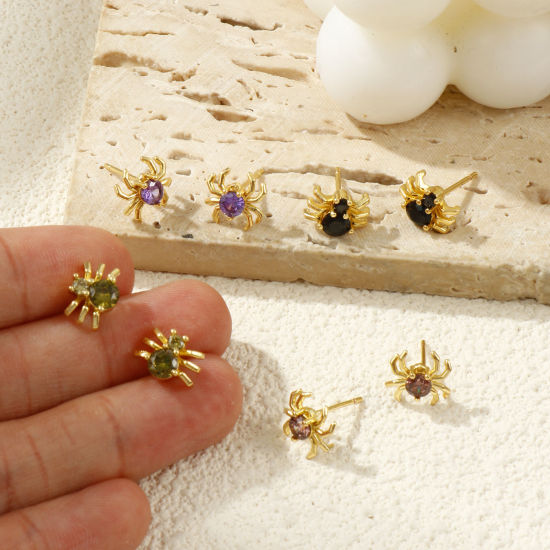 Stylish Exquisite 18K Gold Plated Brass & Cubic Zirconia Halloween Spider Animal Ear Post Stud Earrings For Women Gift の画像
