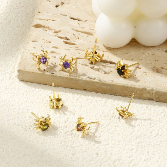 Stylish Exquisite 18K Gold Plated Brass & Cubic Zirconia Halloween Spider Animal Ear Post Stud Earrings For Women Gift の画像