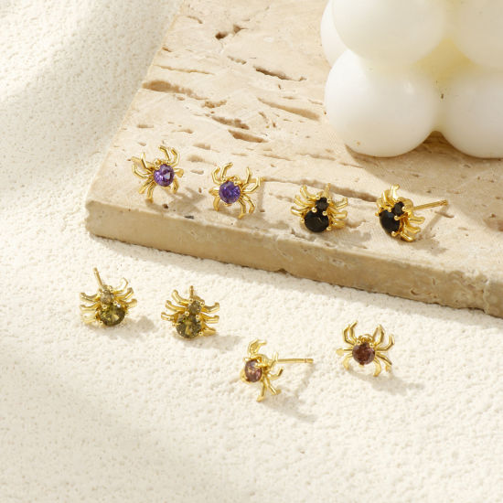 Stylish Exquisite 18K Gold Plated Brass & Cubic Zirconia Halloween Spider Animal Ear Post Stud Earrings For Women Gift の画像