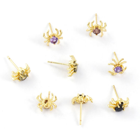 Stylish Exquisite 18K Gold Plated Brass & Cubic Zirconia Halloween Spider Animal Ear Post Stud Earrings For Women Gift の画像
