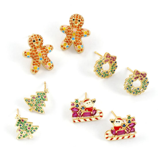 Sweet & Cute Exquisite 18K Gold Plated Brass & Cubic Zirconia Christmas Ear Post Stud Earrings For Women Gift の画像