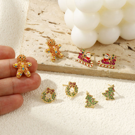 Sweet & Cute Exquisite 18K Gold Plated Brass & Cubic Zirconia Christmas Ear Post Stud Earrings For Women Gift の画像