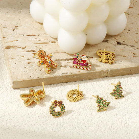 Sweet & Cute Exquisite 18K Gold Plated Brass & Cubic Zirconia Christmas Ear Post Stud Earrings For Women Gift の画像