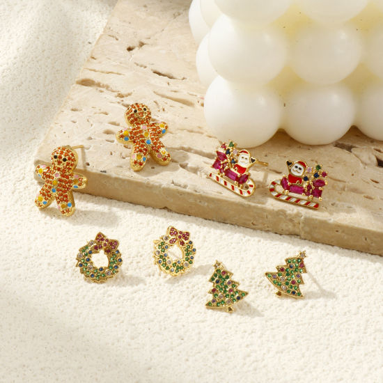 Sweet & Cute Exquisite 18K Gold Plated Brass & Cubic Zirconia Christmas Ear Post Stud Earrings For Women Gift の画像