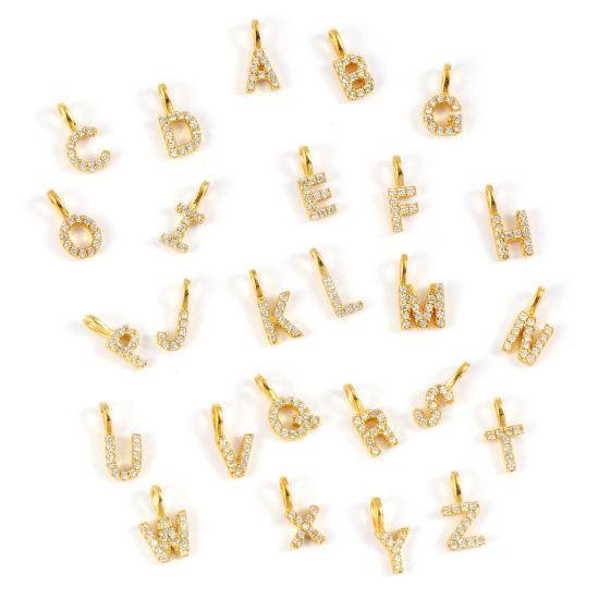 1 個 スターリングシルバー キャピタルレター チャーム 18Kゴールドメッキ 文字 A-Z “ マイクロパヴェ の画像