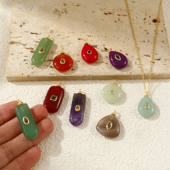 Picture of Eco-friendly Gemstone & Brass Geometric Charms Wholesale 18K Real Gold Plated Rectangle Drop