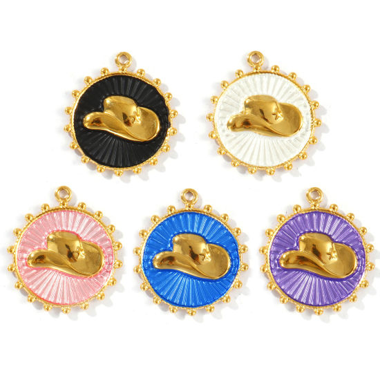 Picture of Eco-friendly PVD Vacuum Plating Waterproof Anti-Tarnish Hypoallergenic 304 Stainless Steel West Cowboy Charms 18K Real Gold Plated Round Disc Hat Painted 29mm x 26mm