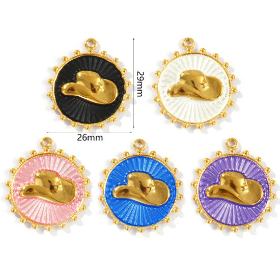 Picture of Eco-friendly PVD Vacuum Plating Waterproof Anti-Tarnish Hypoallergenic 304 Stainless Steel West Cowboy Charms 18K Real Gold Plated Round Disc Hat Painted 29mm x 26mm