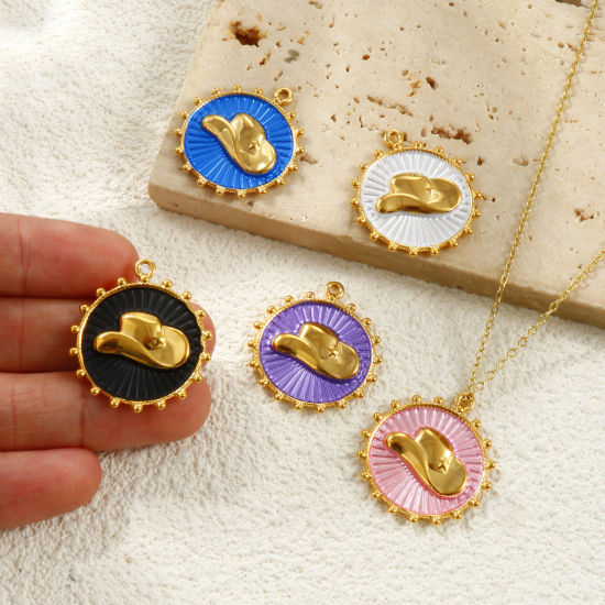 Picture of Eco-friendly PVD Vacuum Plating Waterproof Anti-Tarnish Hypoallergenic 304 Stainless Steel West Cowboy Charms 18K Real Gold Plated Round Disc Hat Painted 29mm x 26mm