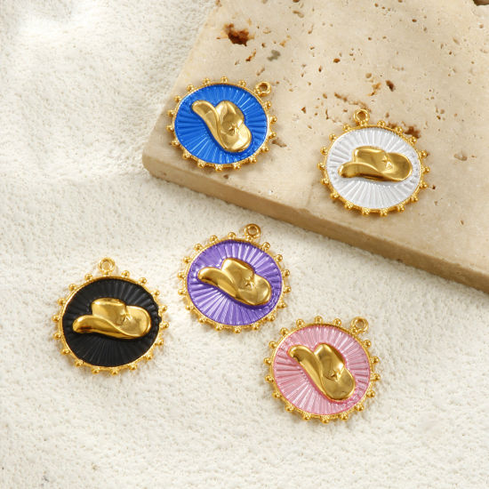 Picture of Eco-friendly PVD Vacuum Plating Waterproof Anti-Tarnish Hypoallergenic 304 Stainless Steel West Cowboy Charms 18K Real Gold Plated Round Disc Hat Painted 29mm x 26mm