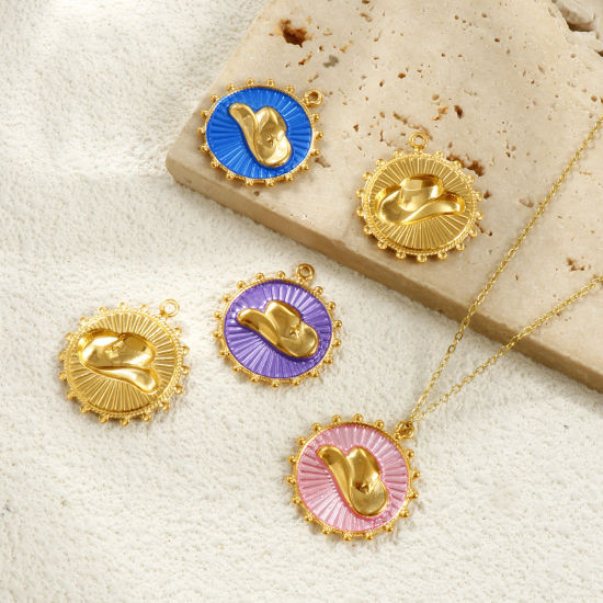 Picture of Eco-friendly PVD Vacuum Plating Waterproof Anti-Tarnish Hypoallergenic 304 Stainless Steel West Cowboy Charms 18K Real Gold Plated Round Disc Hat Painted 29mm x 26mm